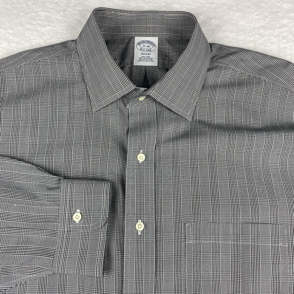Brooks Brothers Dress Shirt Mens 17-34 Black/White Plaid Regent Non Iron